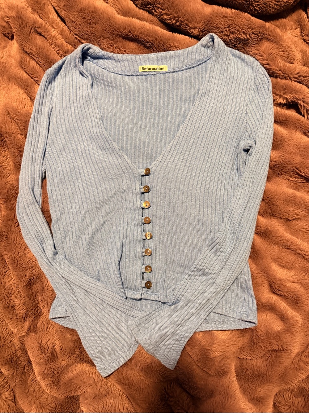 Reformation Pale Blue Ribbed Button-Front Long Sleeve Cardigan
